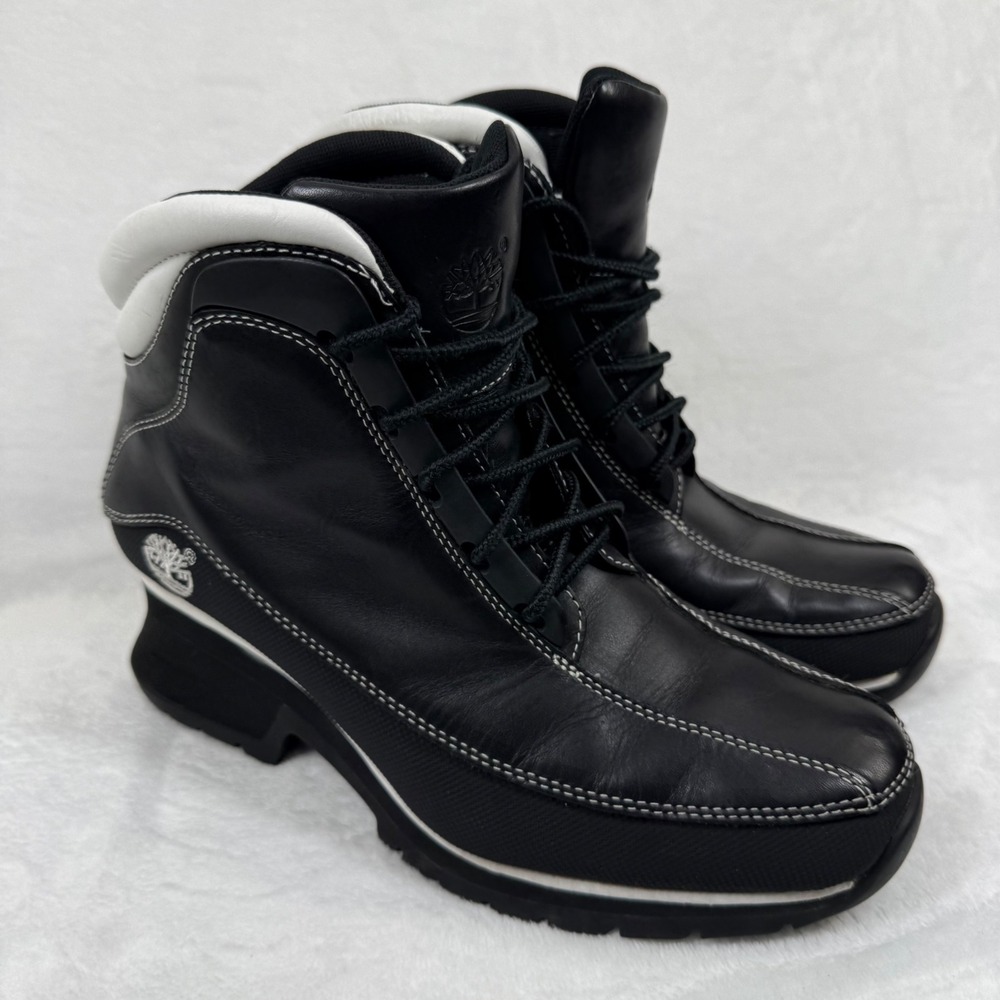 Timberland Black Leather Heeled Ankleโ Boots Contrast Stitching Lace Up 7.5 READ
